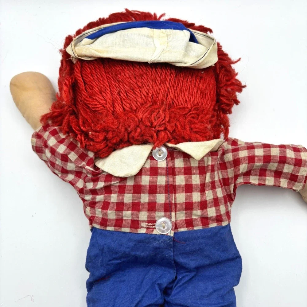 Vintage Knickerbocker Raggedy Andy Plush Doll Red Yarn Hair Gingham Shirt 17in